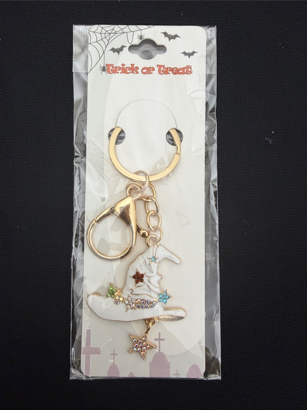 Gold-Tone White Witch Hat Keychain